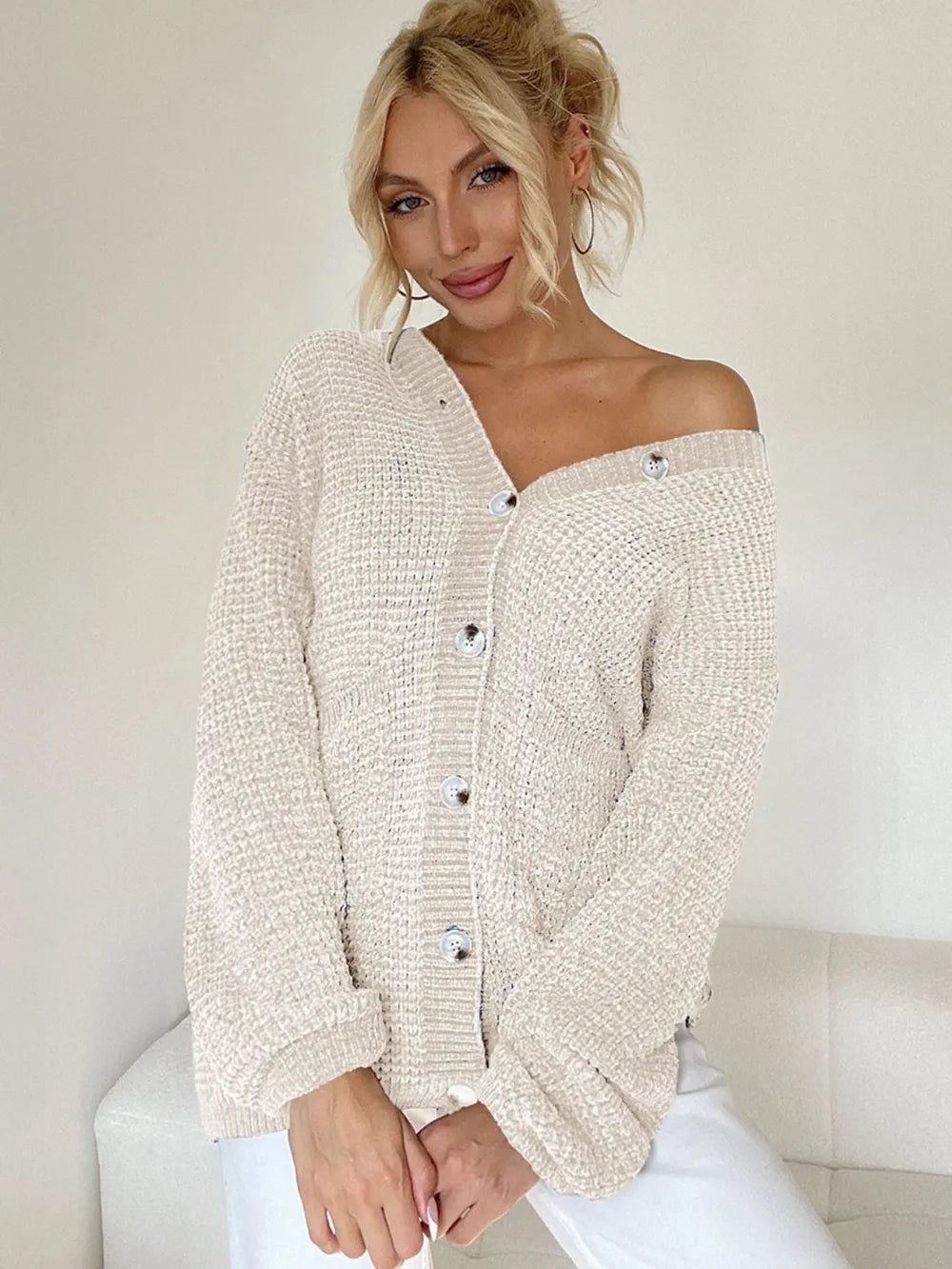 Pocketed V-Neck Button Up Cardigan Cream One Size - Fashorio