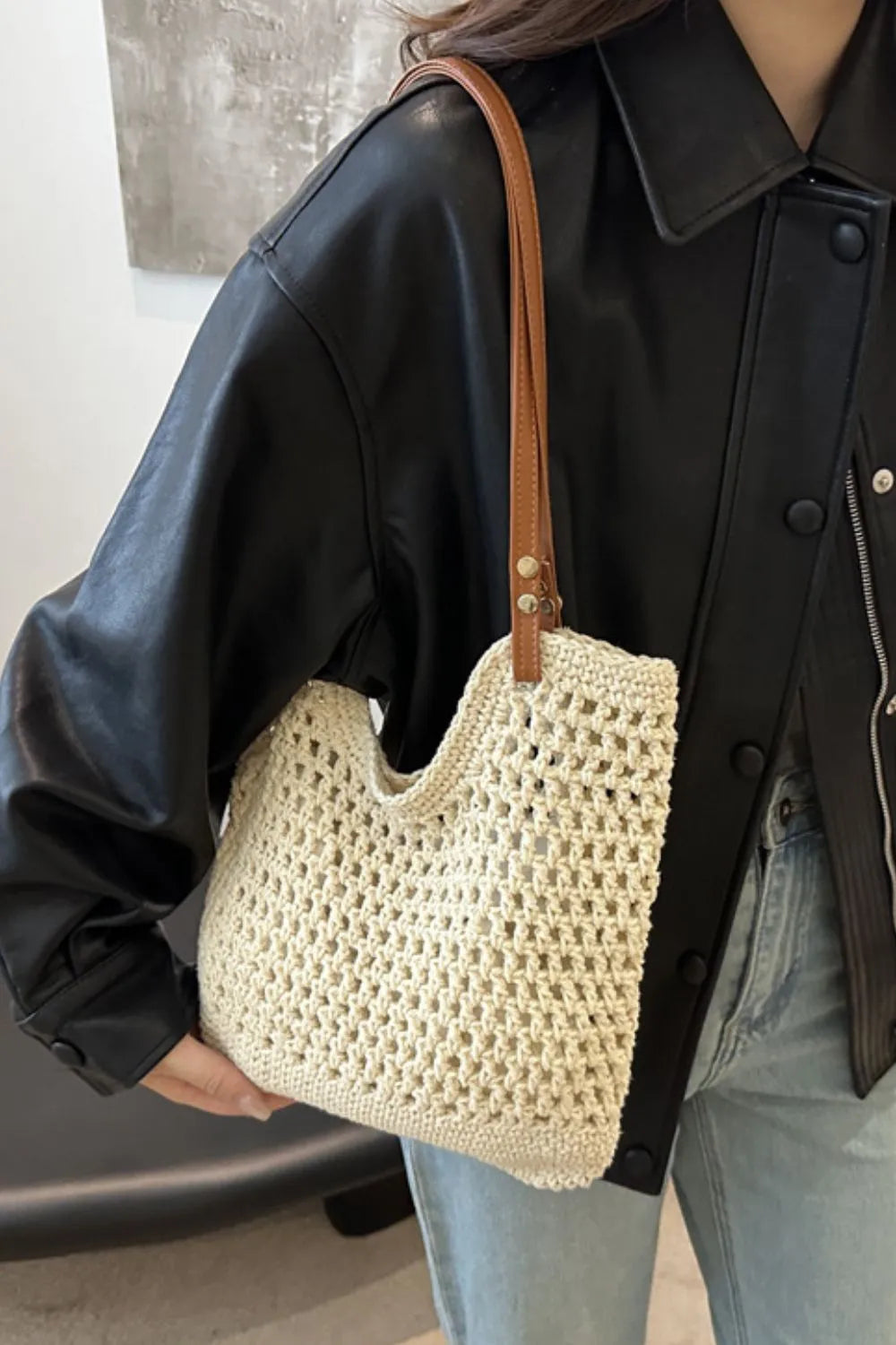 Openwork Woven Tote Bag, view 7