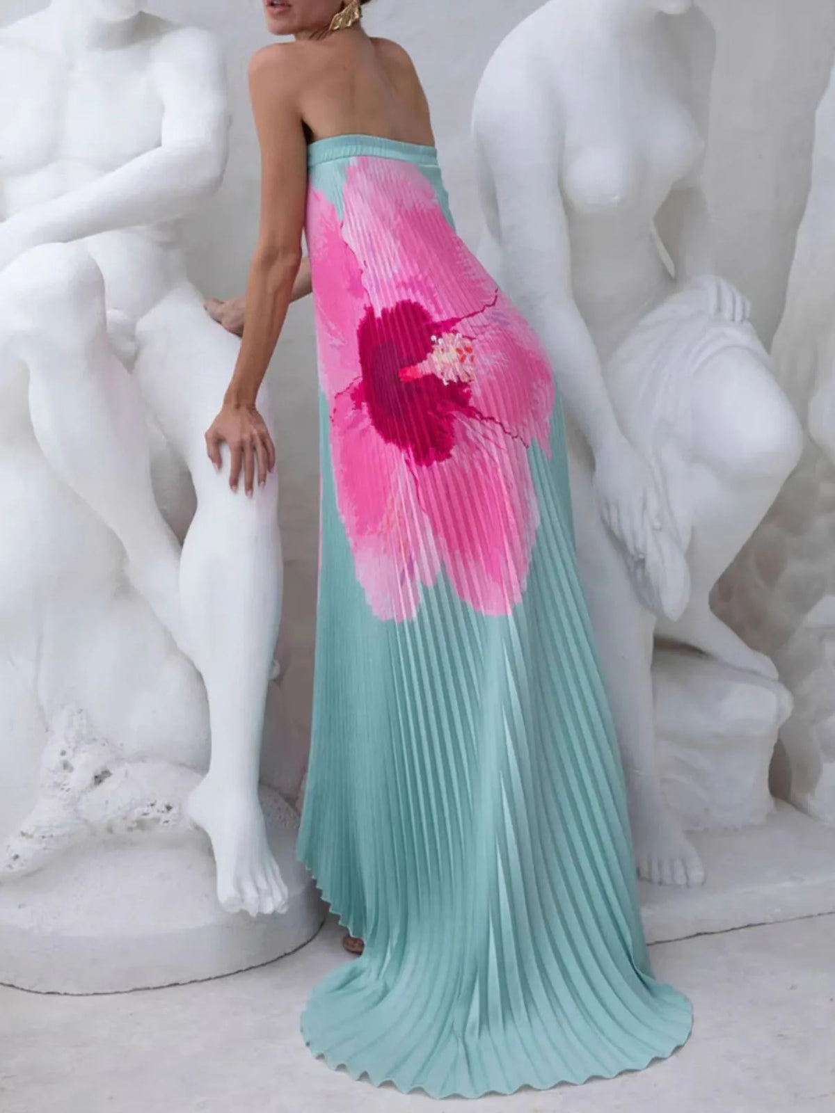 Pleated printed strapless tube floor length dress fabric and trim detail