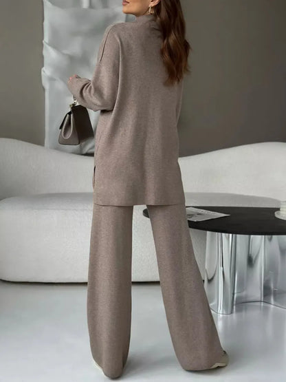 Slit Mock Neck Top and Pants Sweater Set - Fashorio