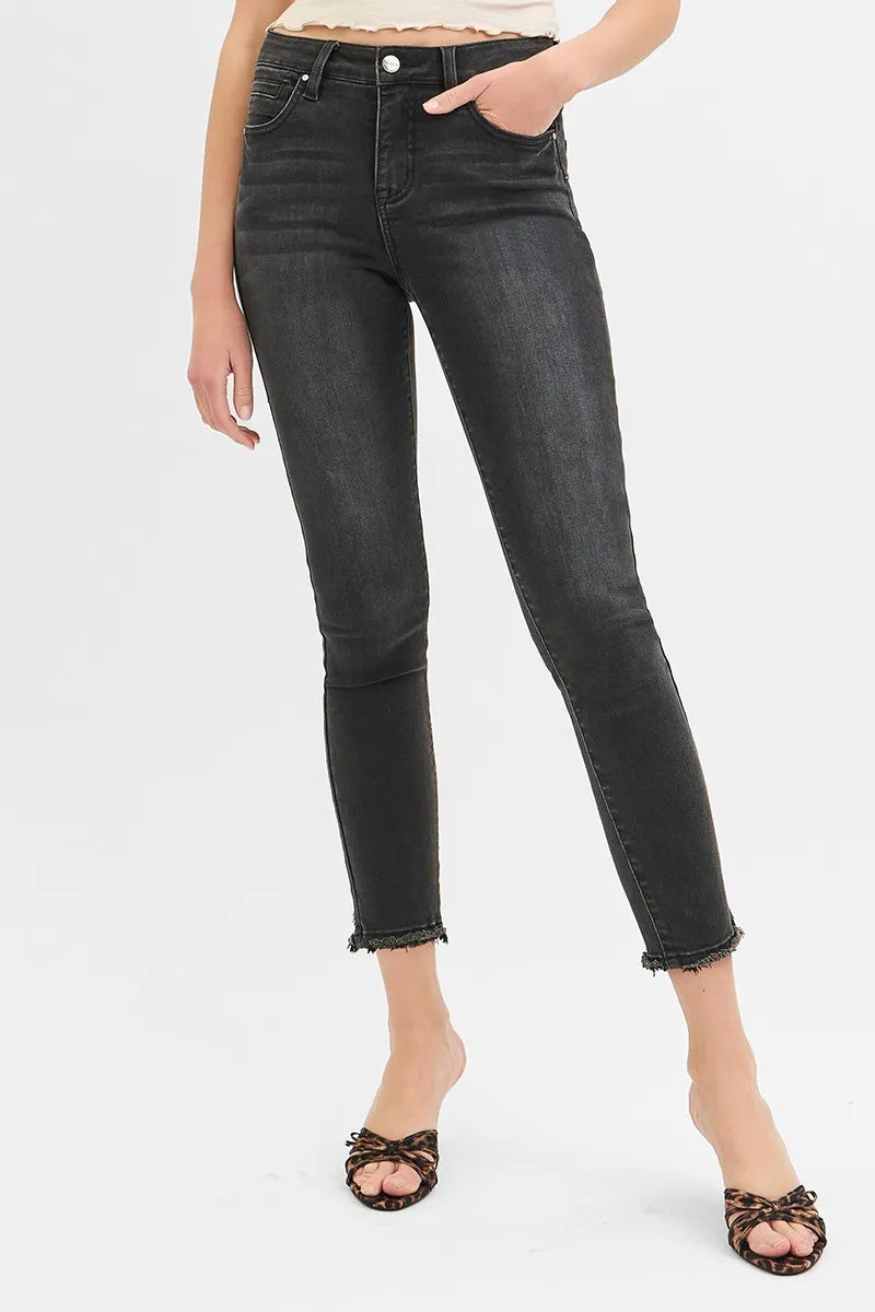 RISEN Full Size Tummy Control Mid Rise Crop Skinny Jeans Plus Size BLACK - Fashorio