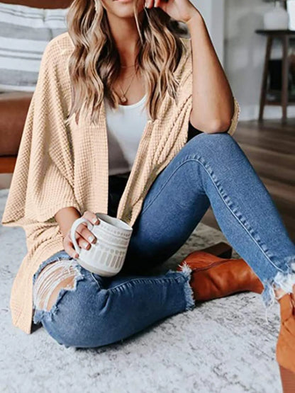 Full Size Open Front Waffle Knit Cardigan Plus Size Apricot - Fashorio