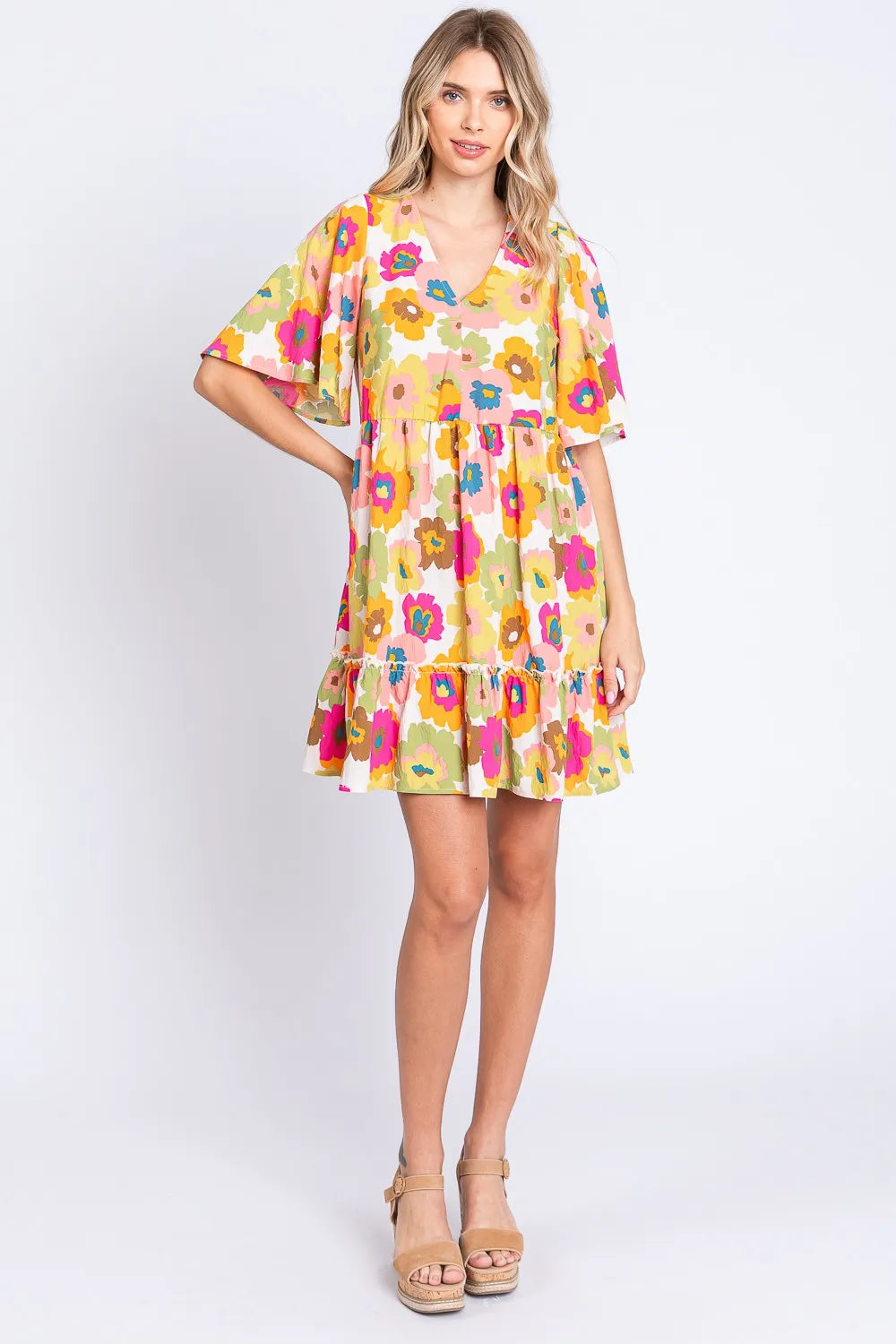 Floral V Neck Ruffle Hem Mini Dress detail