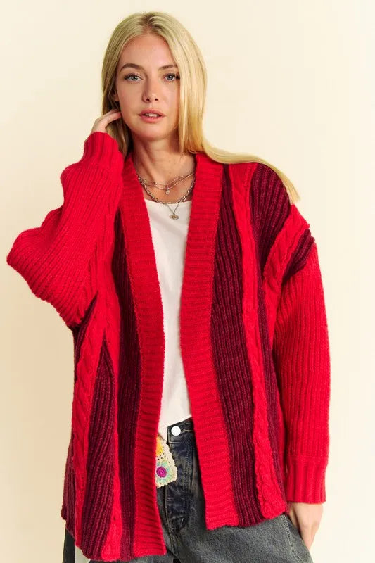 Davi & Dani Cable-Knit Color Block Open Front Cardigan - Fashorio