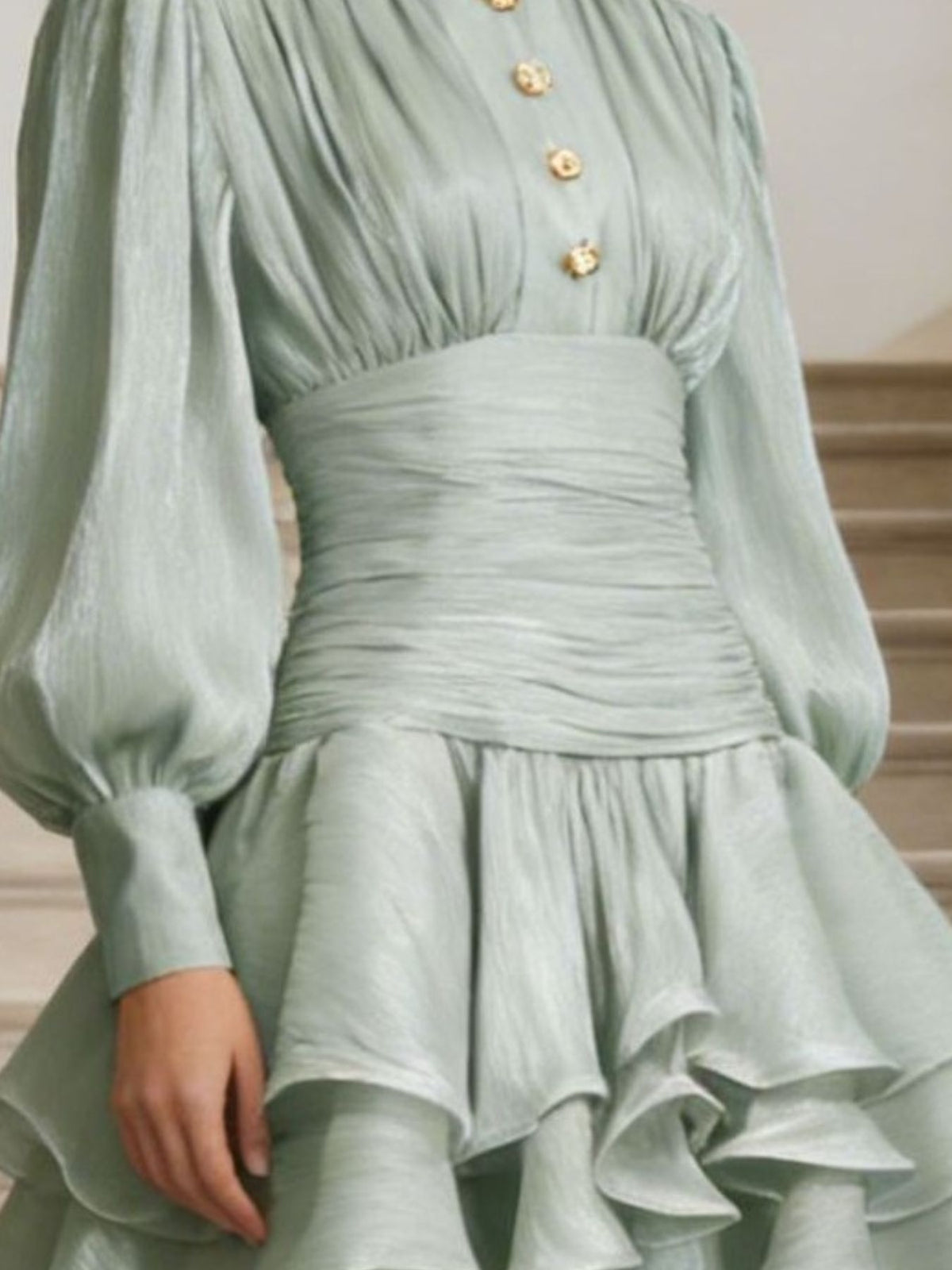 Ruffled layered lantern sleeve mini dress back view