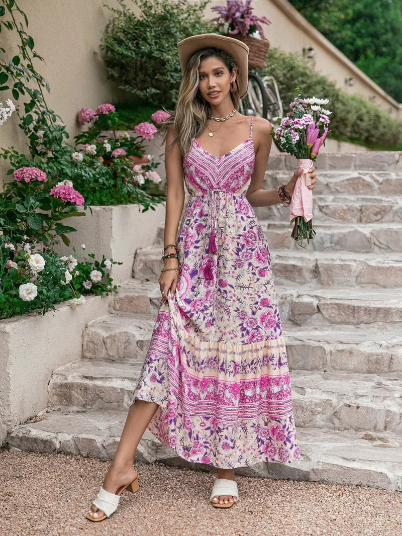 Pink tassel printed V neck maxi dress, front view