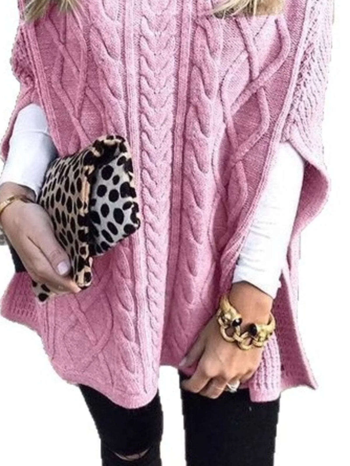 Chunky cable knit turtleneck poncho side view