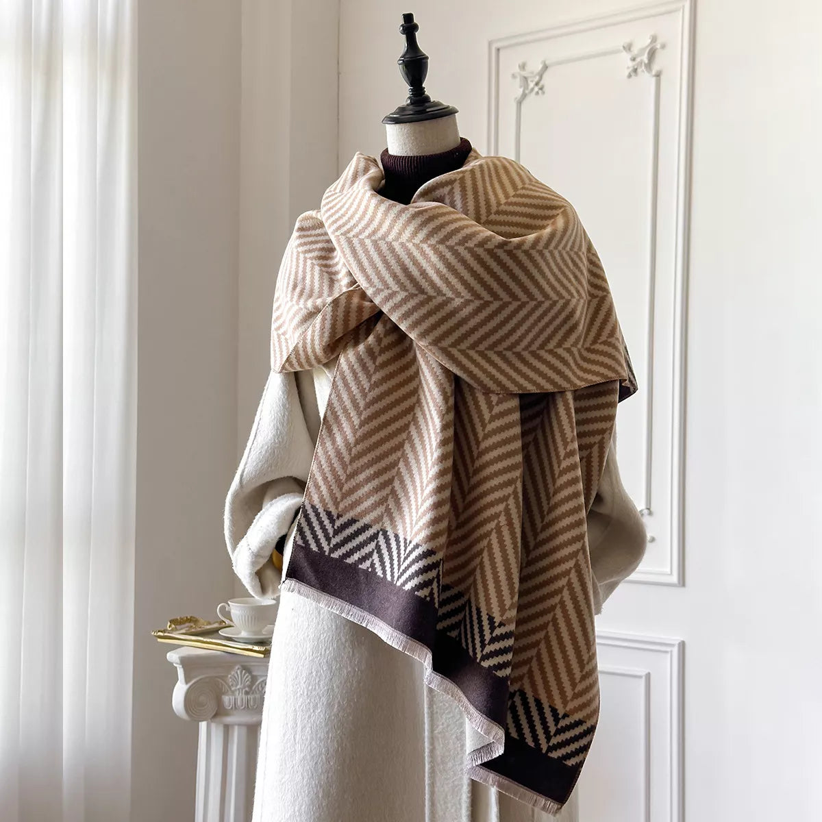 Raw hem cotton scarf styled with a casual outfit