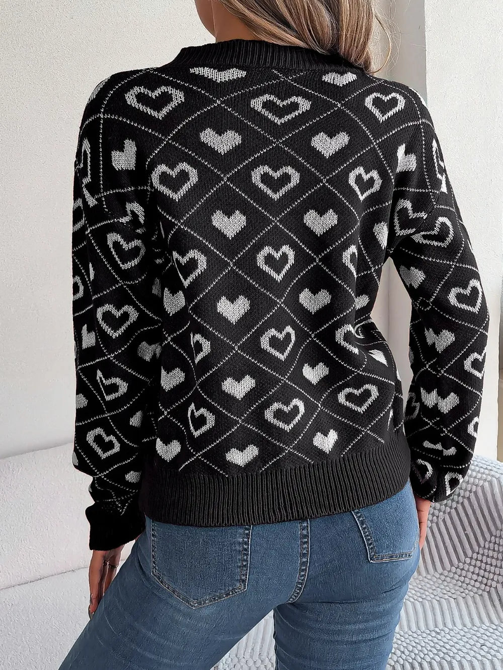 Heart Pattern V-Neck Long Sleeve Sweater - Fashorio