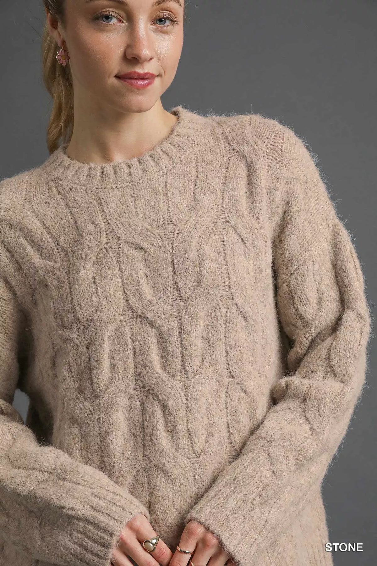 Cable Knit Cozy Sweater in Stone styled look
