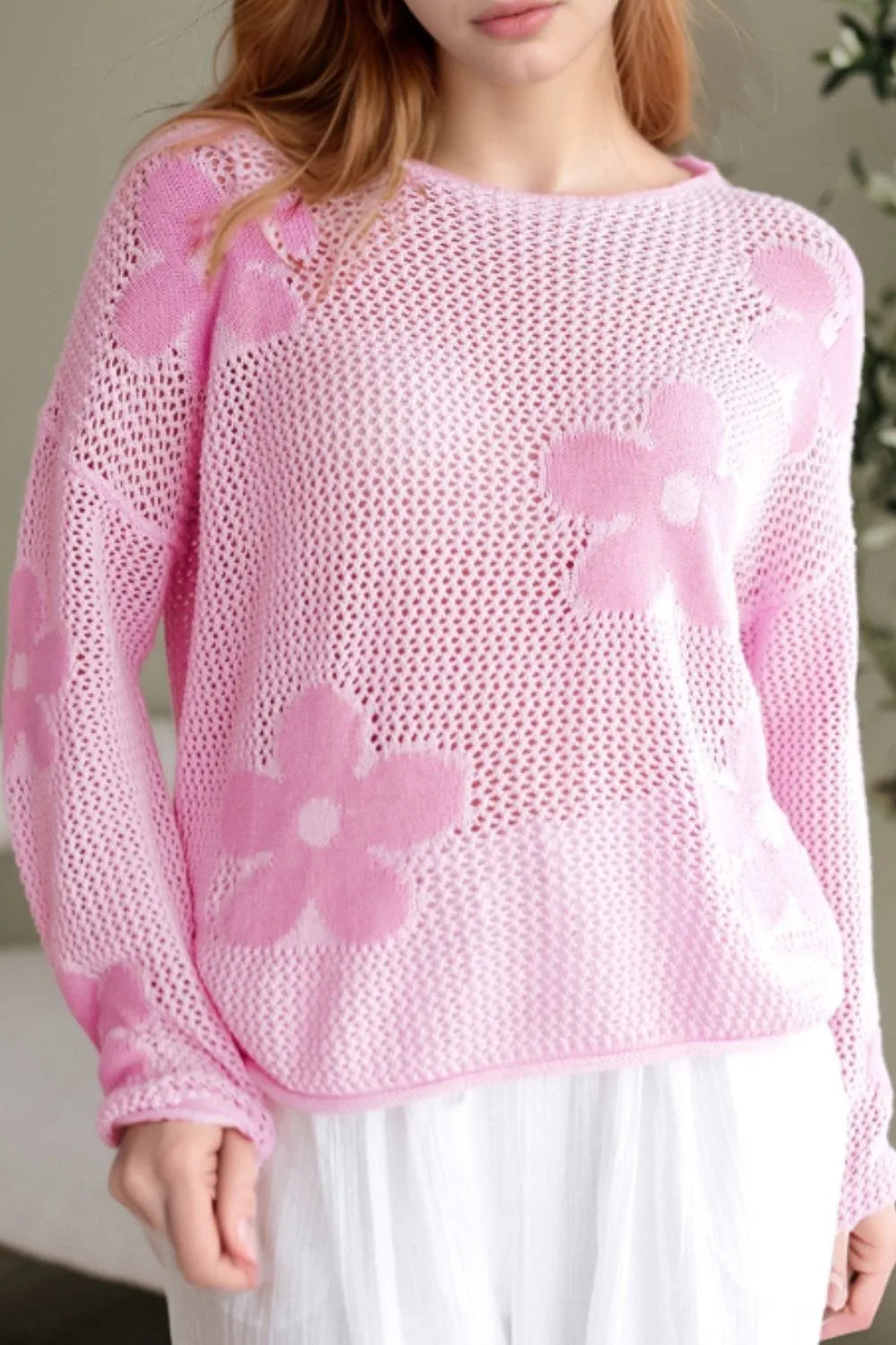 Floral openwork knit kimono cover up front