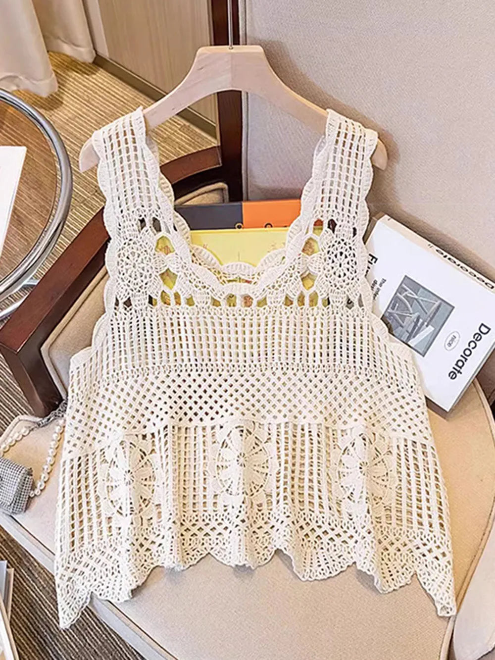 Openwork knit tank top texture detail close up