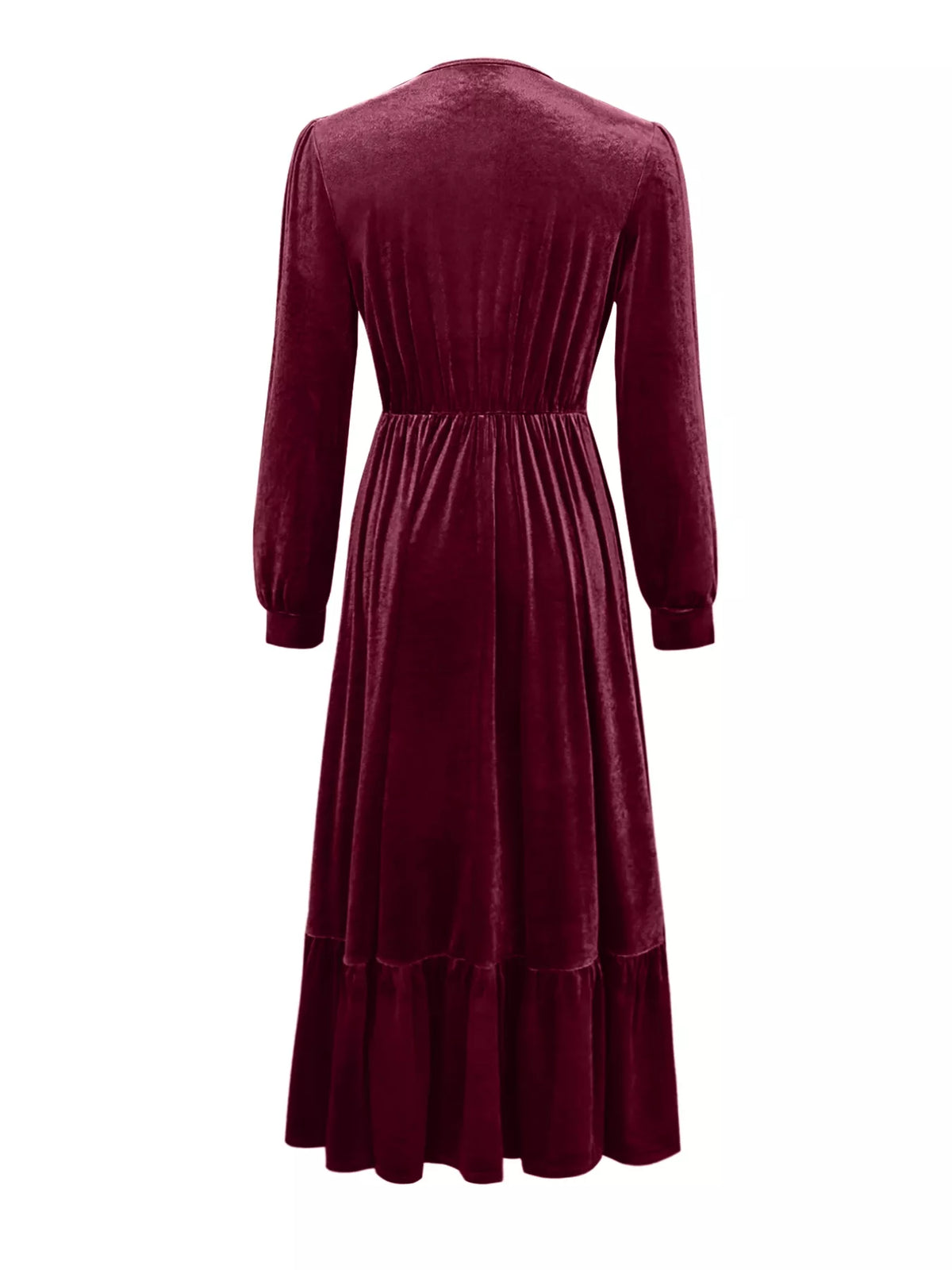 Ruffled hem long sleeve maxi dress shoulder detail