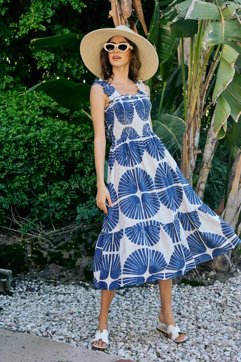 Navy abstract print smocked bodice tiered midi dress front view