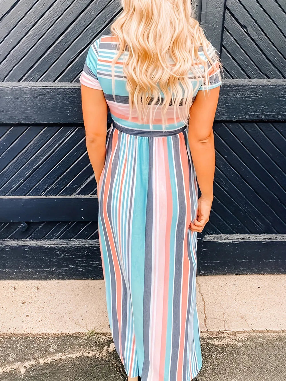 Full Size Striped Round Neck Short Sleeve Dress - Fashorio