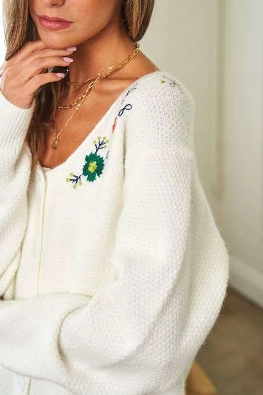 Davi & Dani Flower Embroidered Button Up Long Sleeve Cardigan - Fashorio