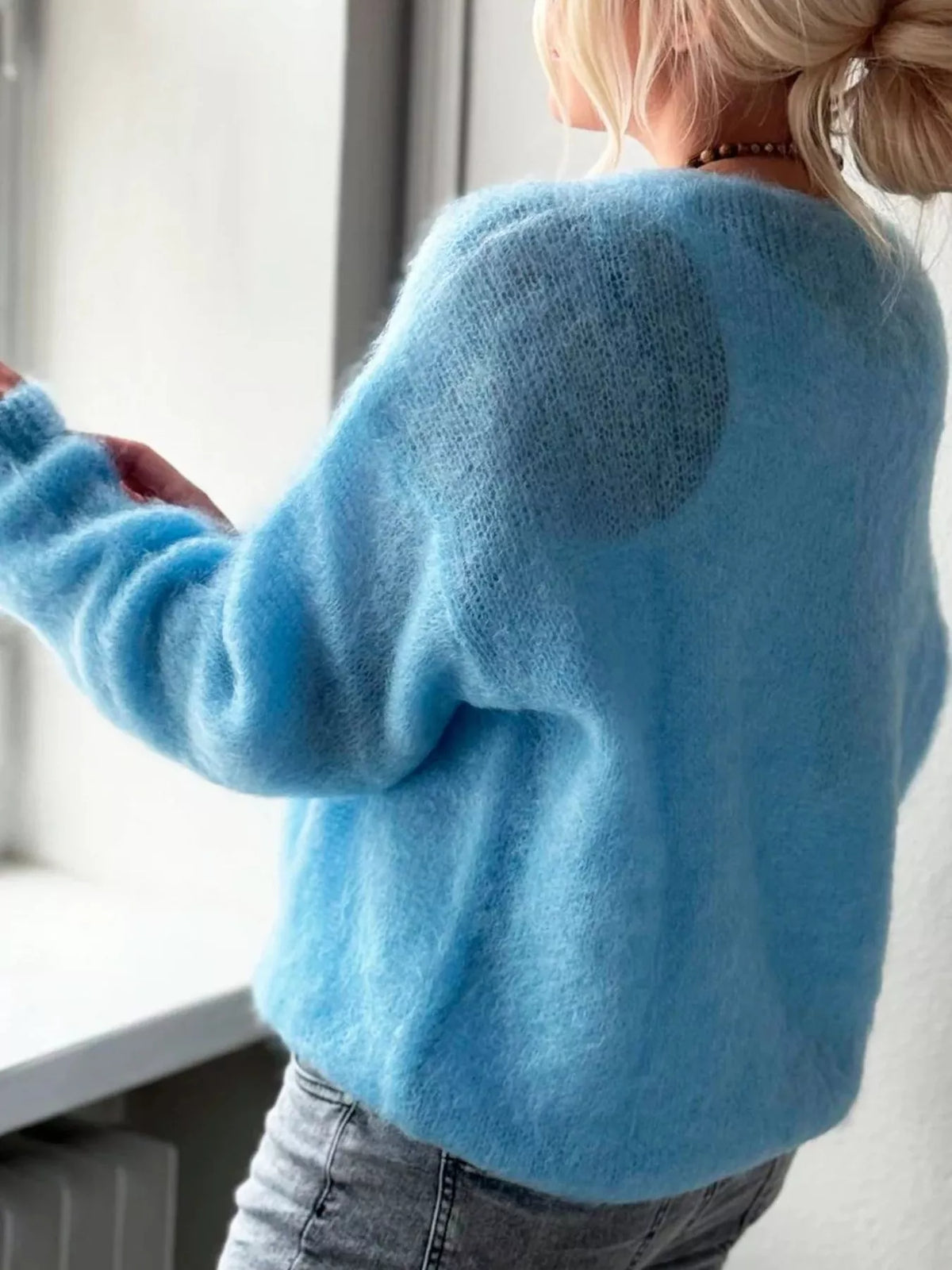 v neck dropped shoulder sweater knit texture detail