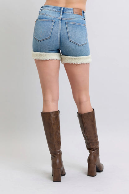 Judy Blue Full Size Hw Tummy Control Shearling Cuff Denim Shorts Plus Size - Fashorio
