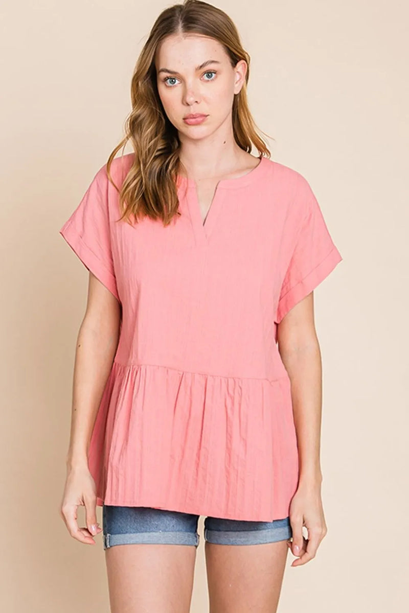 Coral notched short sleeve peplum top front