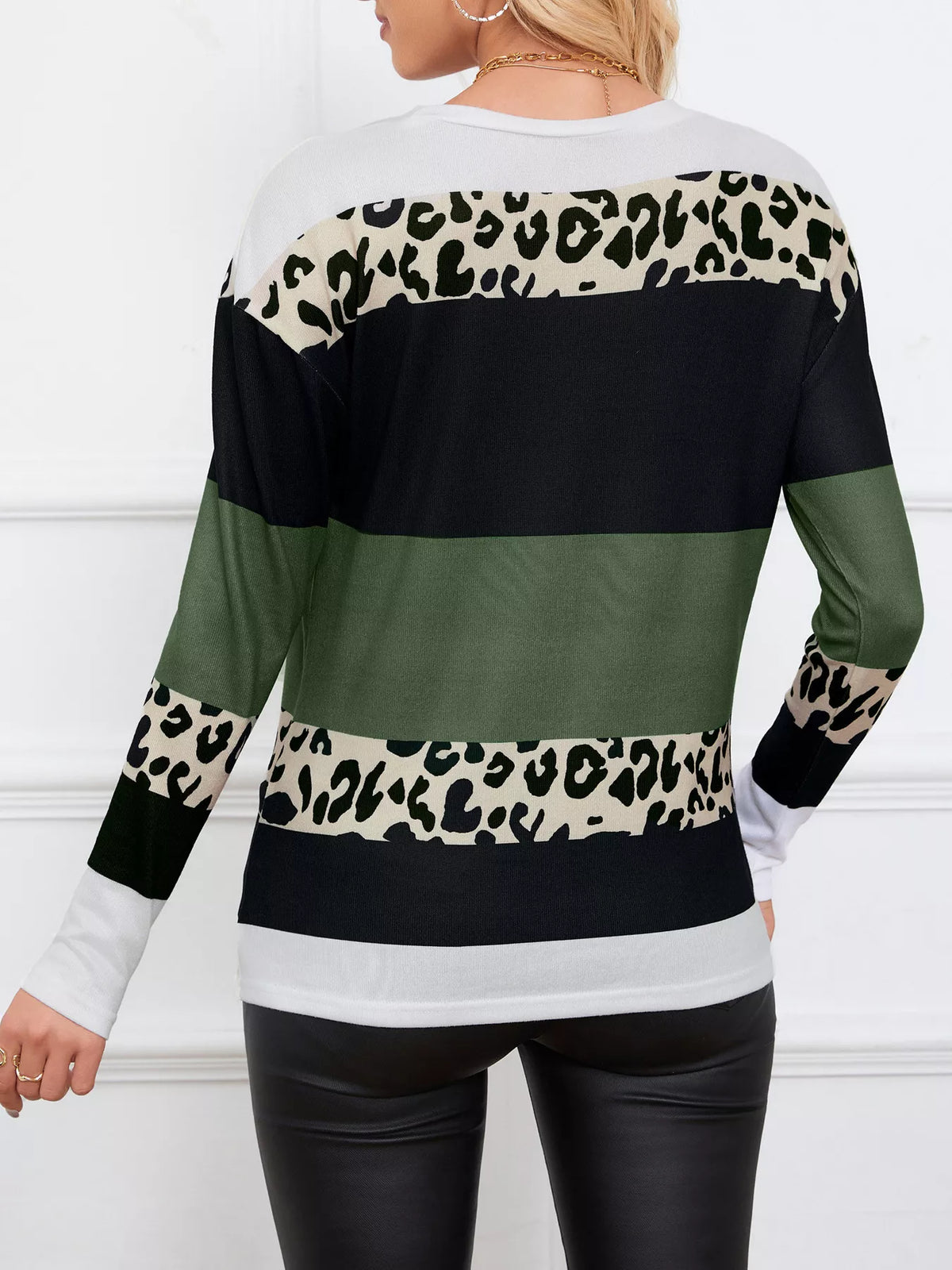 leopard color block striped knit top detail view