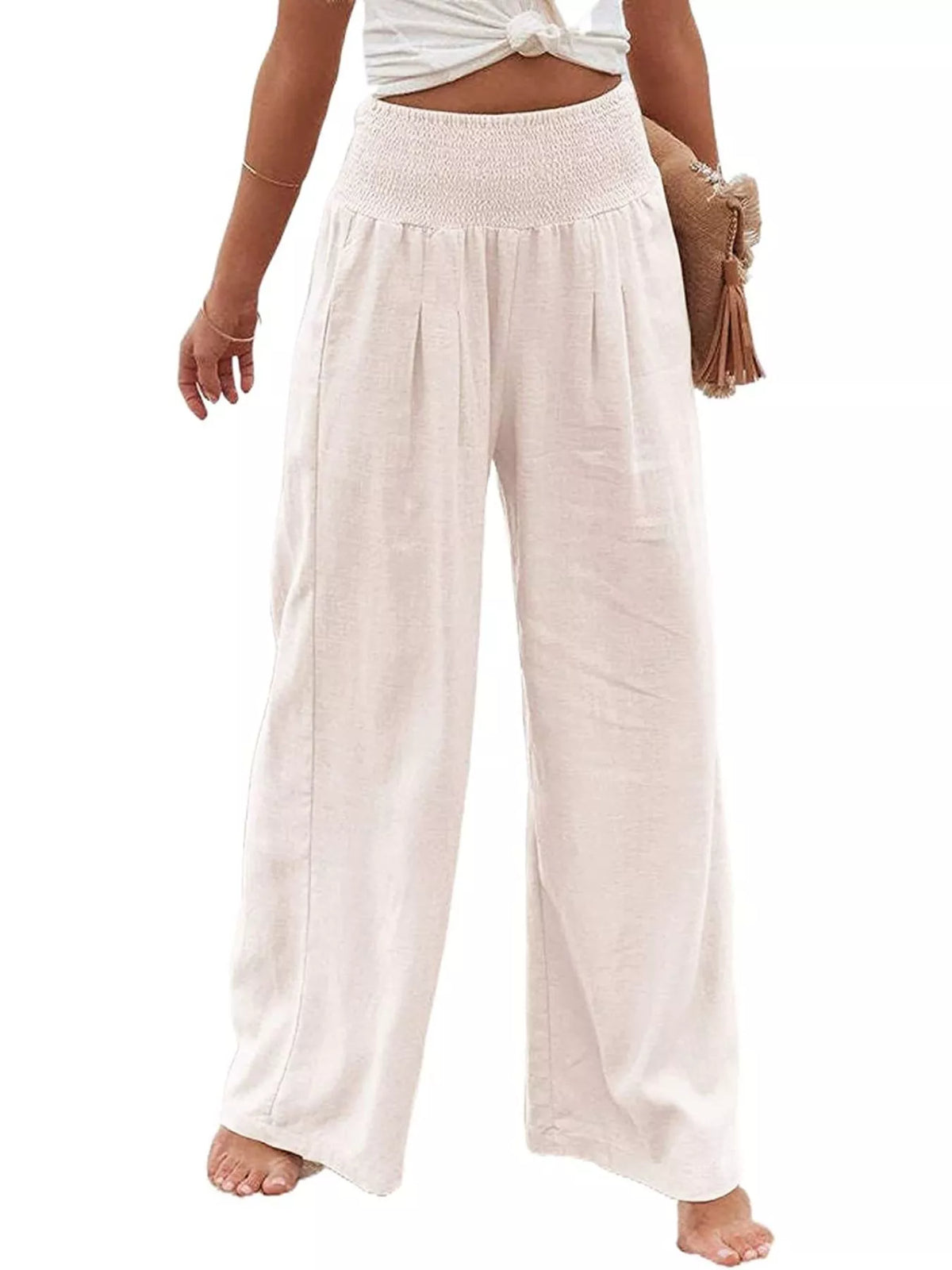 Smocked high waisted wide leg pants back view