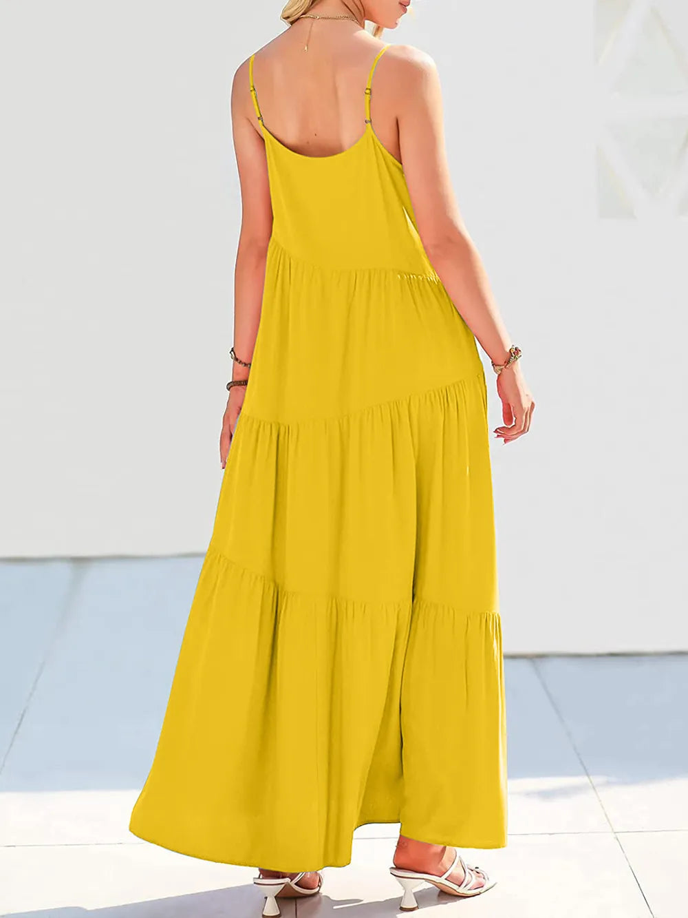 Tiered spaghetti strap dress full look