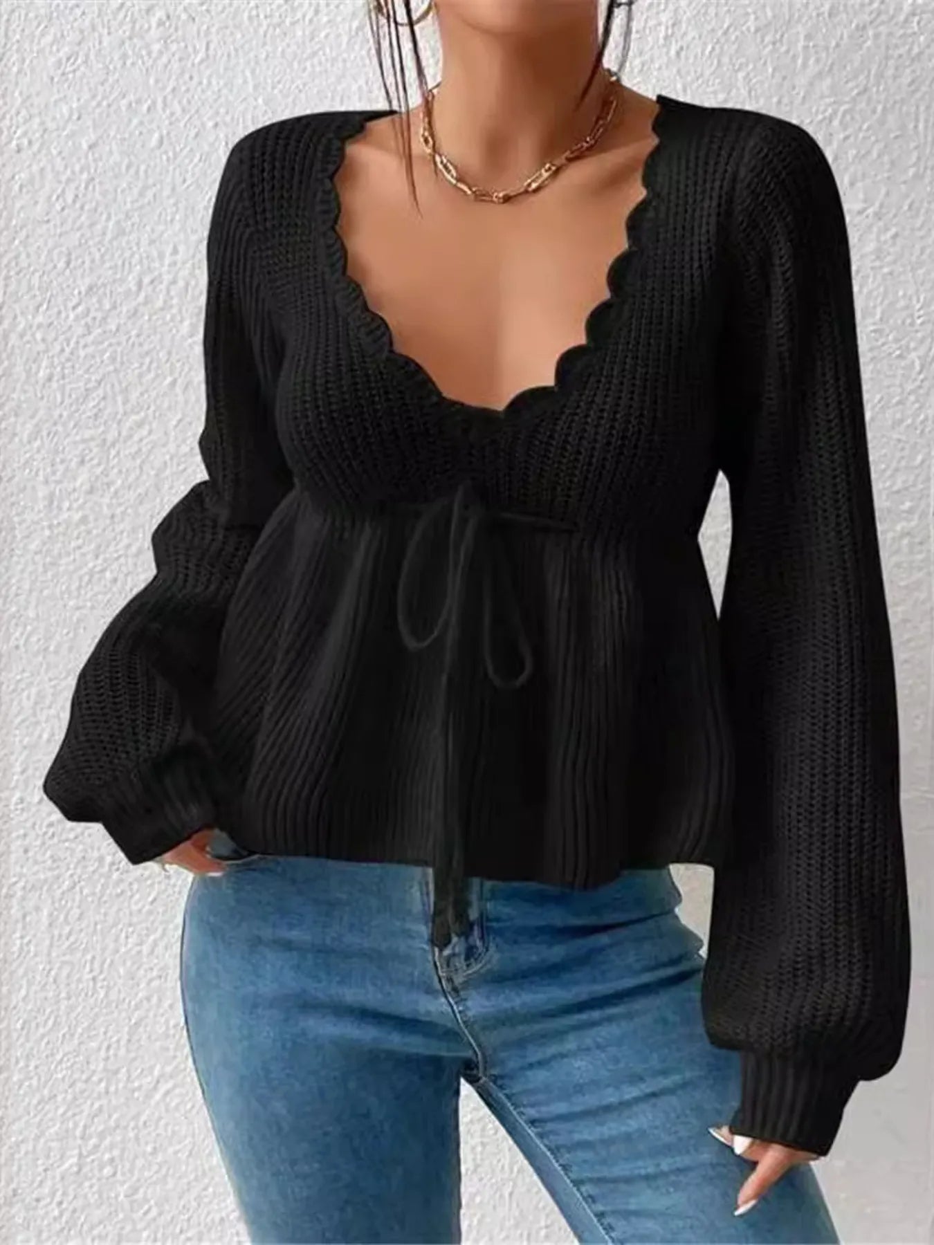 Scalloped V-Neck Drawstring Knit Top Black - Fashorio