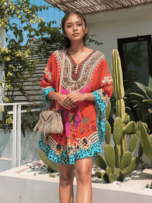 Floral Print V-Neck Cover Up Red - Fashorio