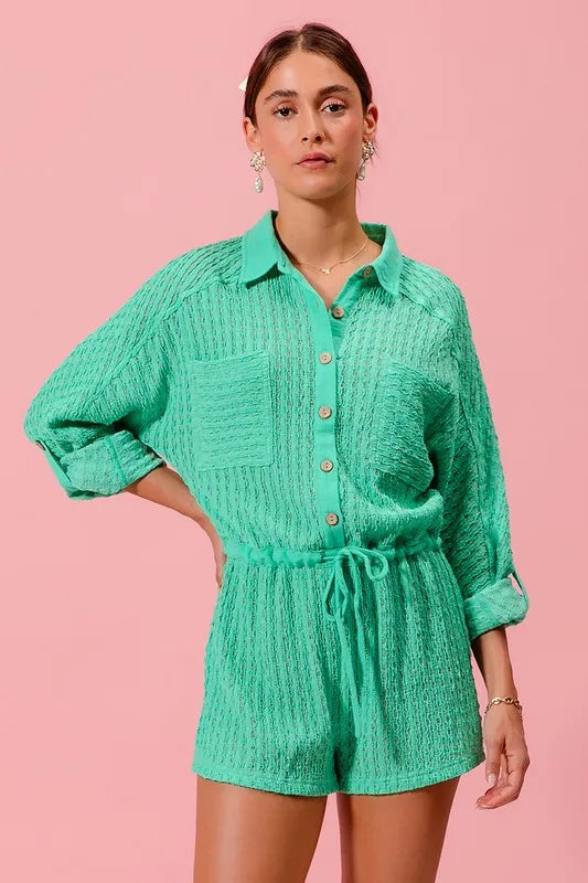 Textured Knit Button Front Romper