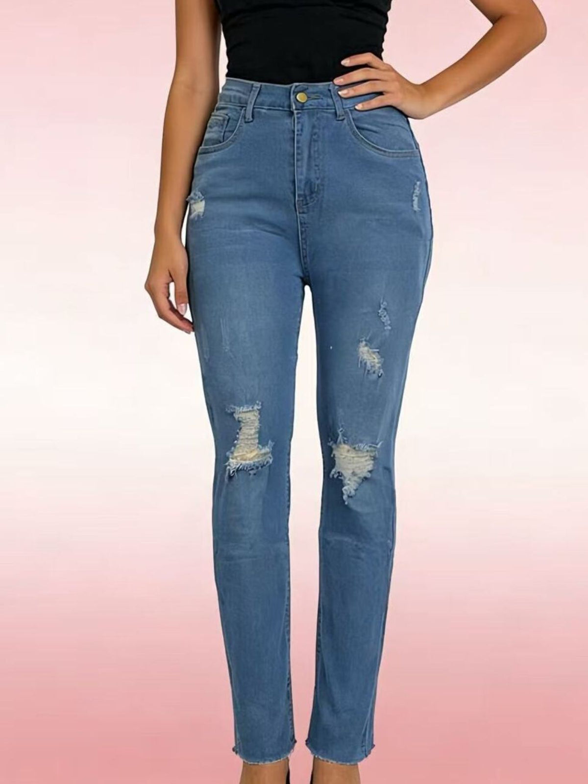 Distressed jeans ripped knee detail