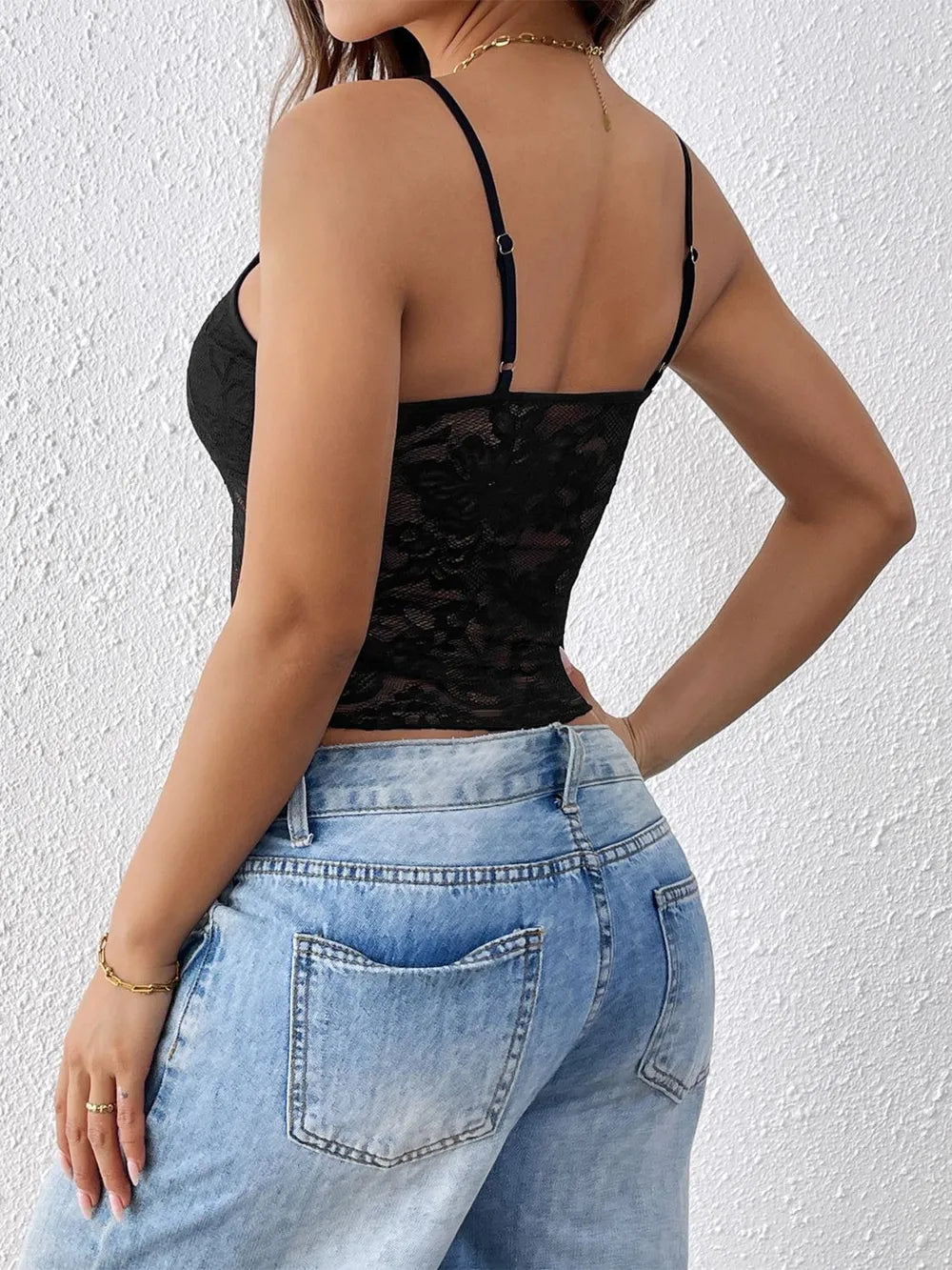 Lace scoop neck cami top styled outfit