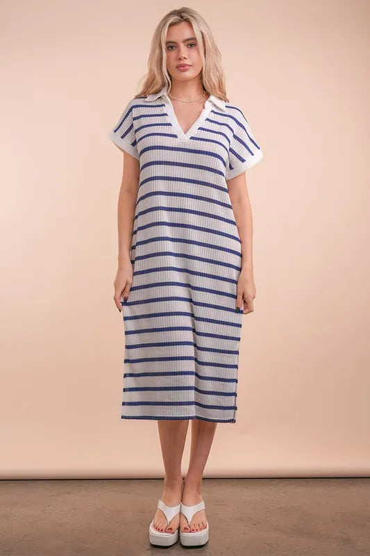 Oversized Collared Striped Knit Midi Dress styled look