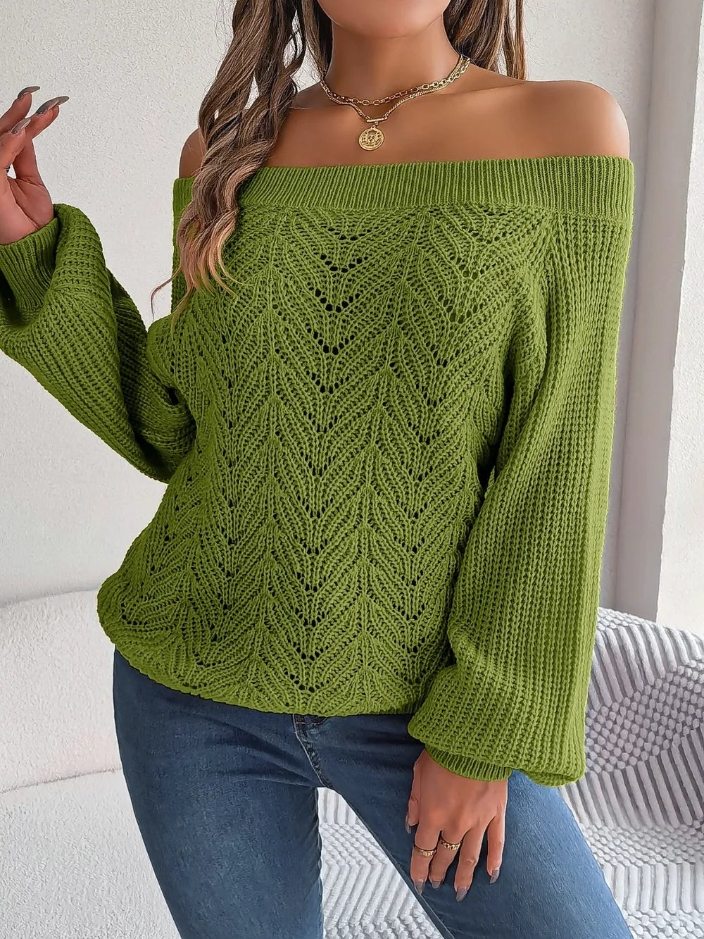 Openwork Off-Shoulder Long Sleeve Sweater - Fashorio