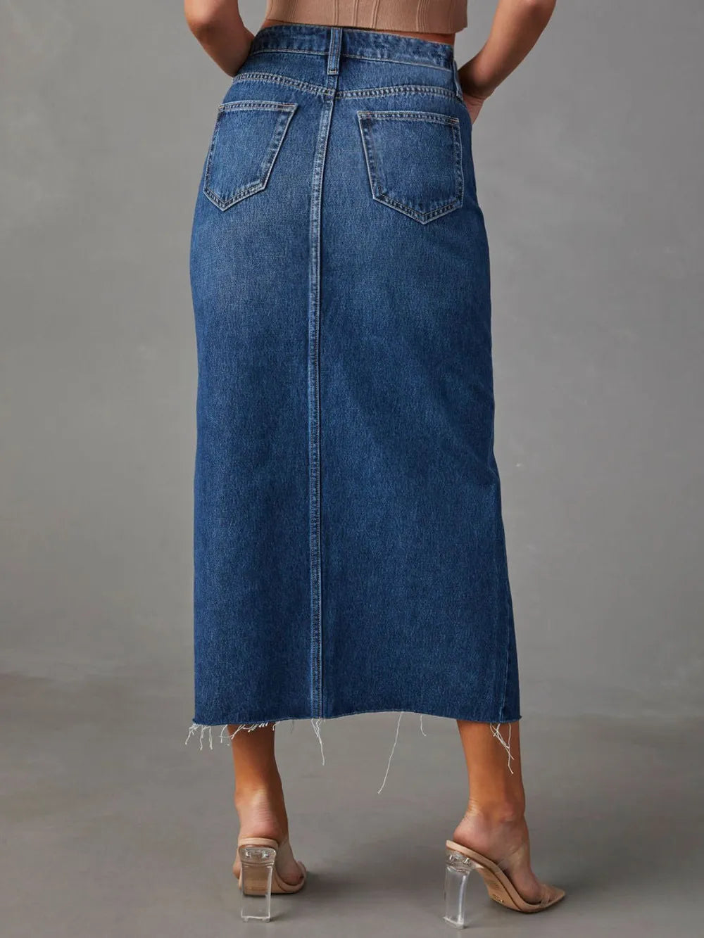 Buttoned waist denim midi skirt close up