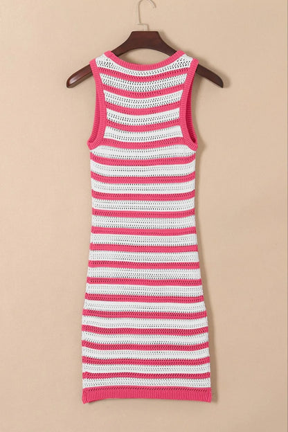 Stripe Hollowed Knit Sleeveless Sweater Dress - Fashorio
