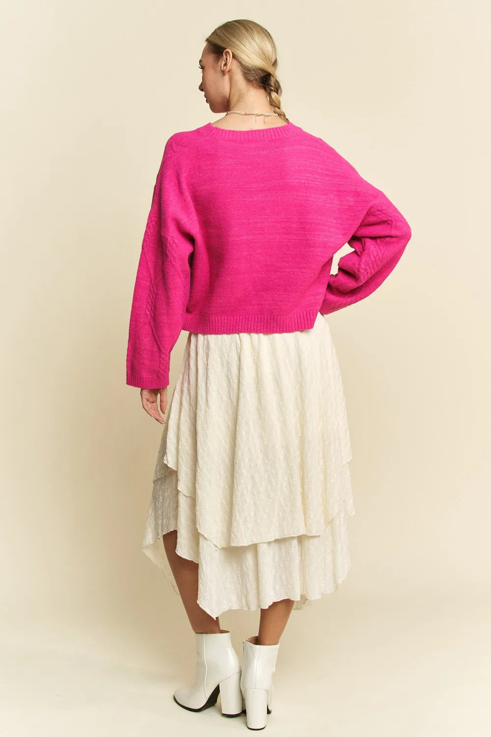 Diamond Cable Knit Drop Shoulder Sweater in Pink view 9