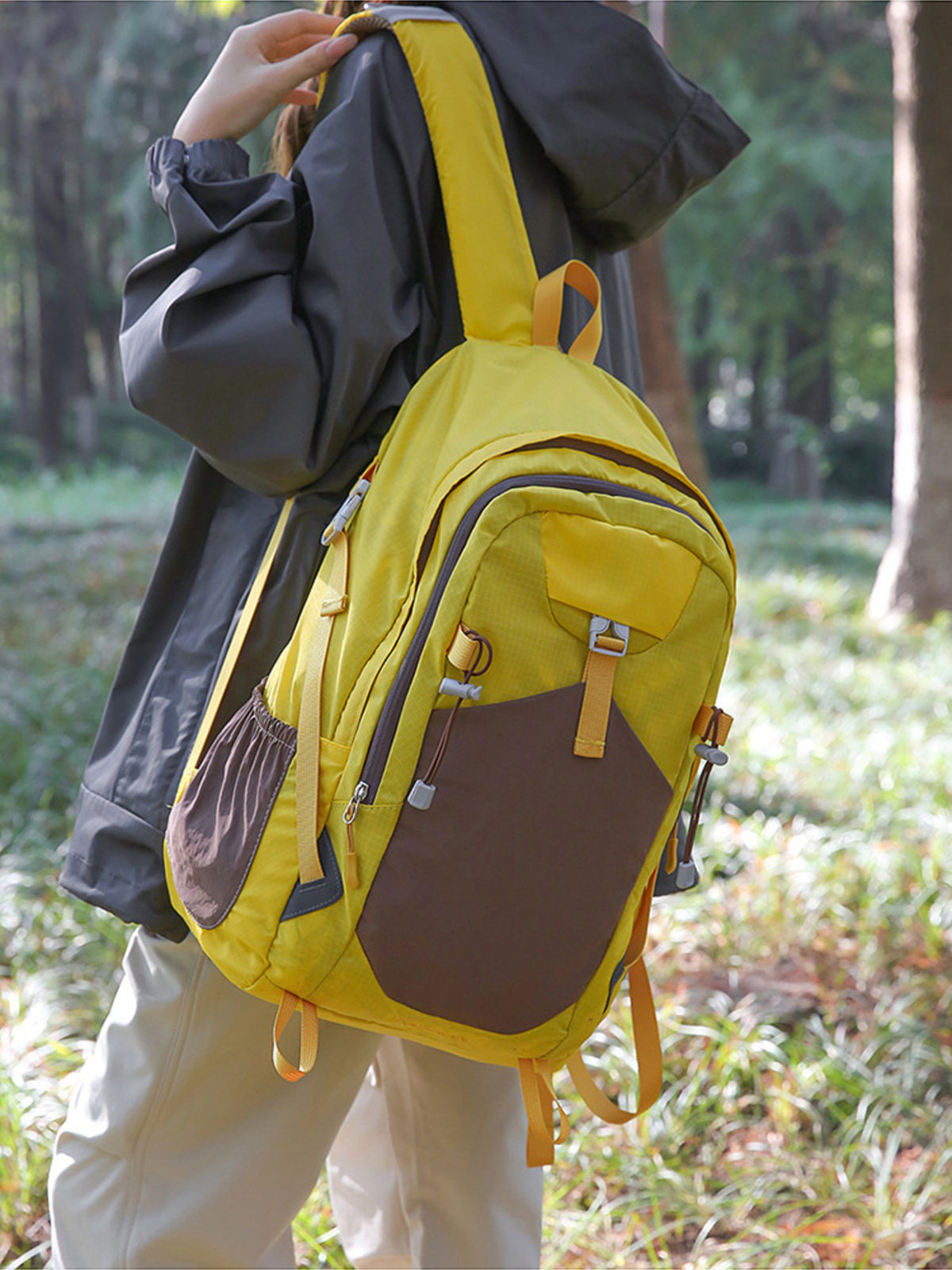 Yellow color block nylon backpack interior compartment