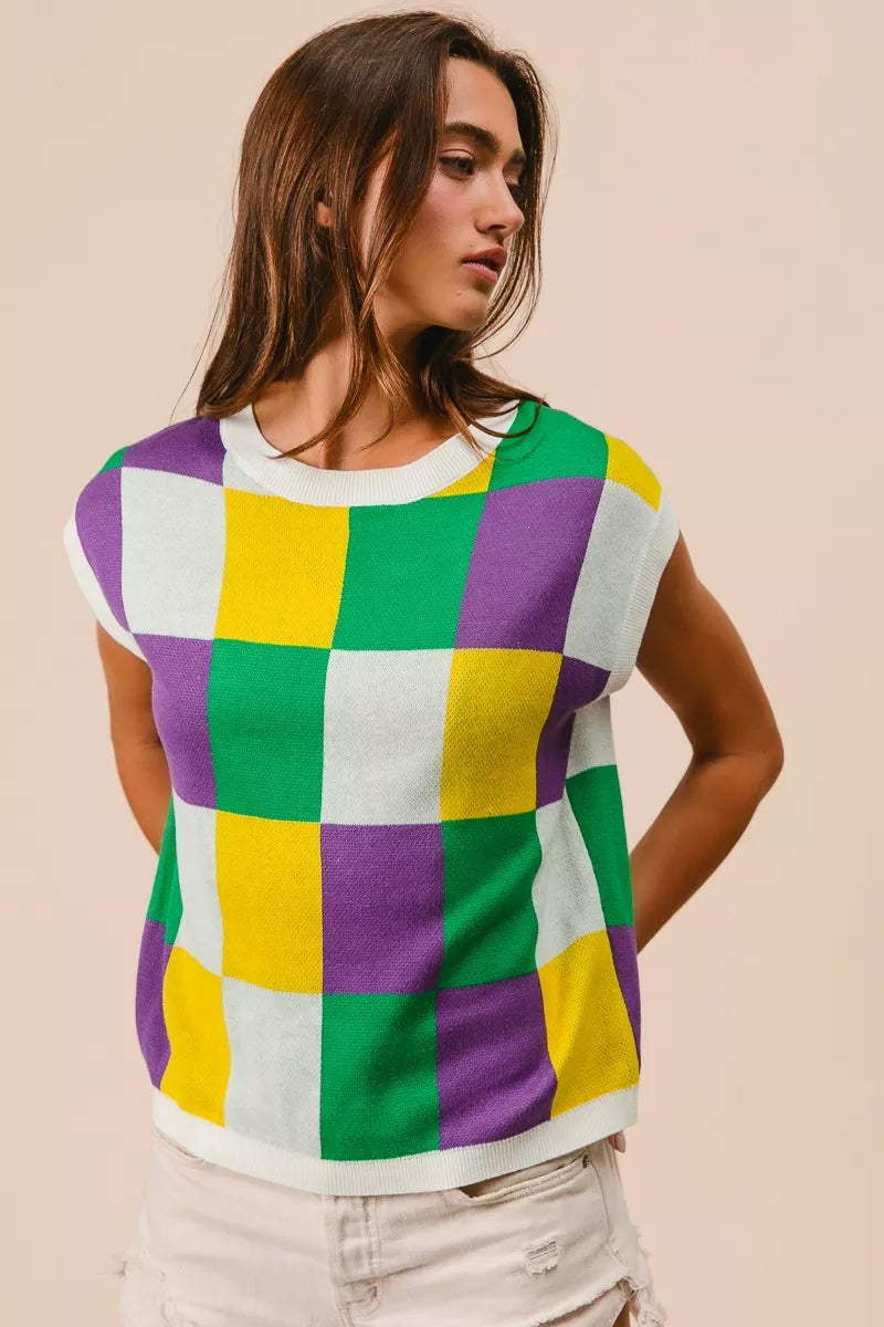 Checker Pattern Sleeveless Sweater Top in Off White side view