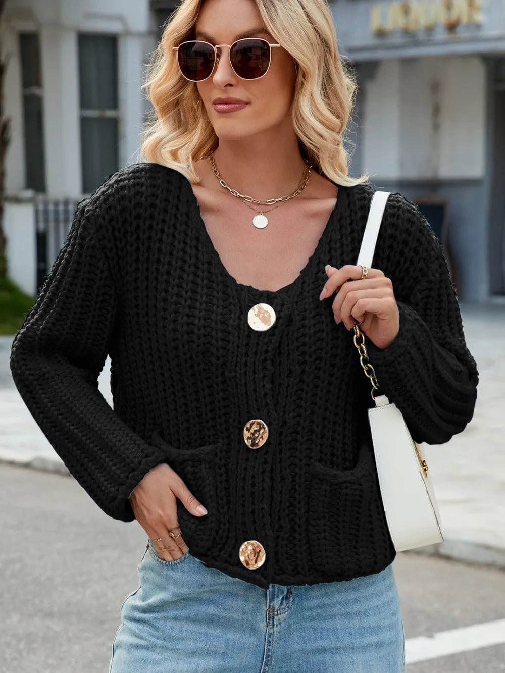 Round Neck Button Up Cardigan with Pockets - Fashorio