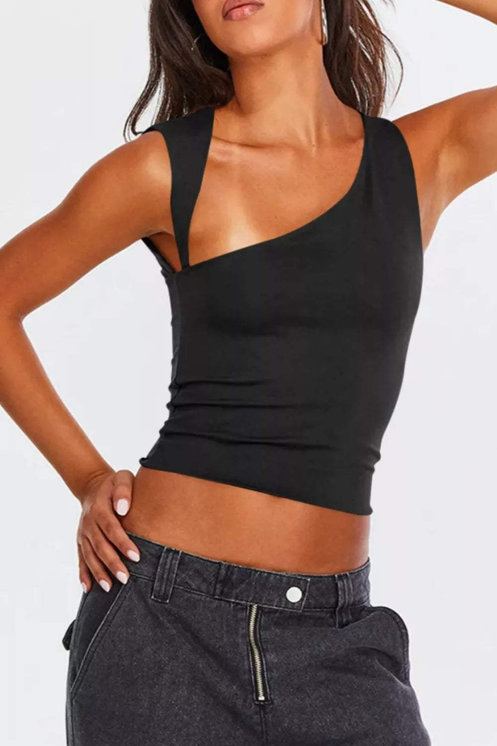 Black asymmetrical neckline tank neckline detail view