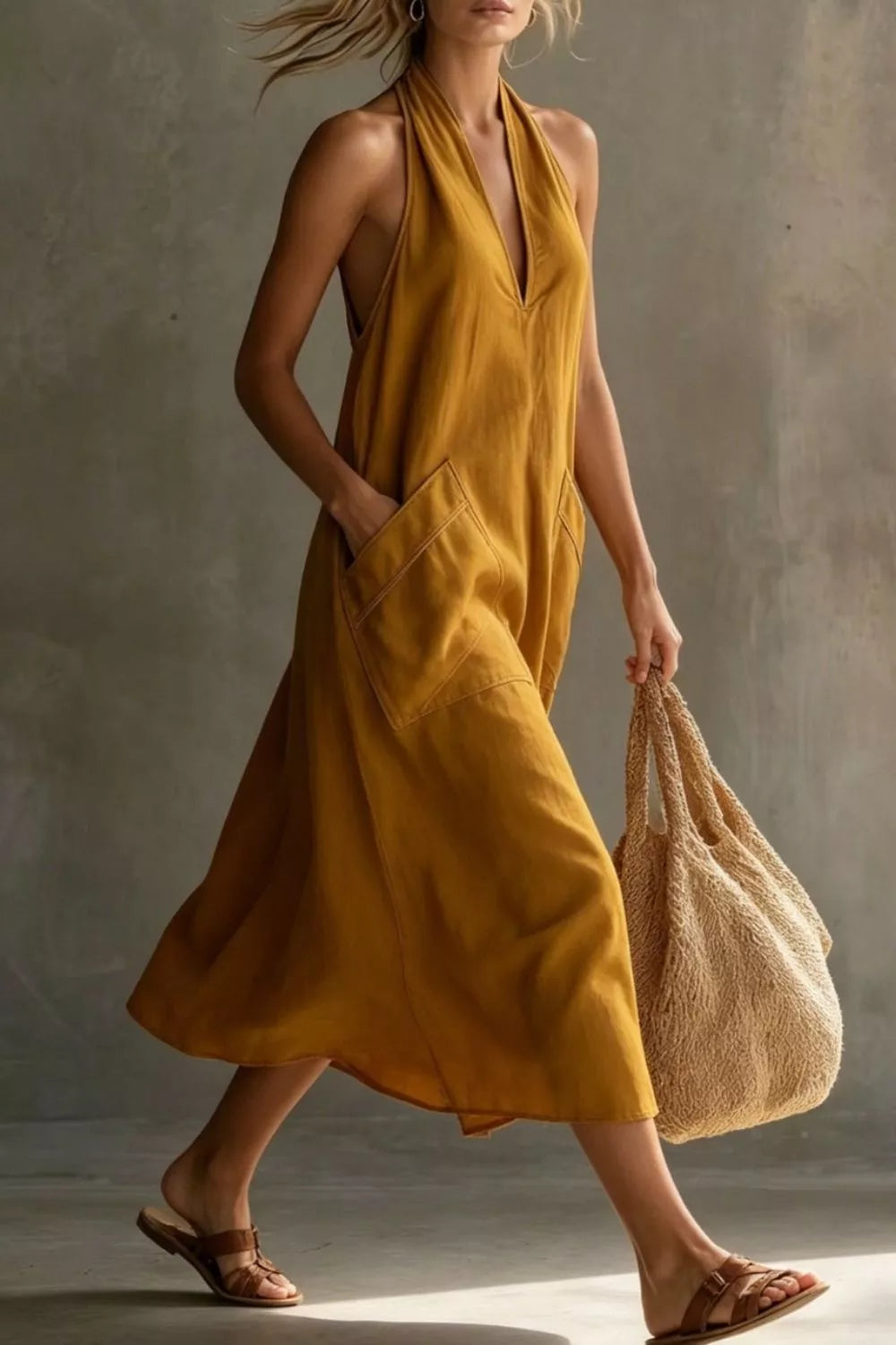Halter neck pocket midi dress, front view