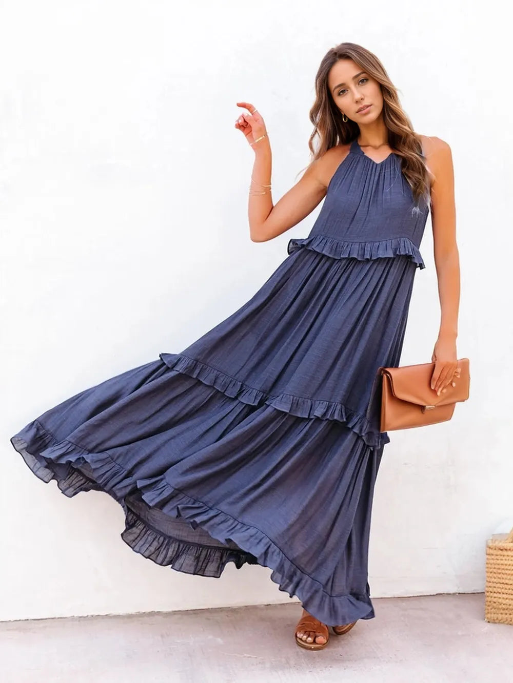 Ruffled Sleeveless Tiered Maxi Dress with Pockets Dark Blue - Fashorio