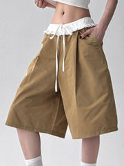 Contrast Waistband Wide-Leg Shorts Khaki - Fashorio