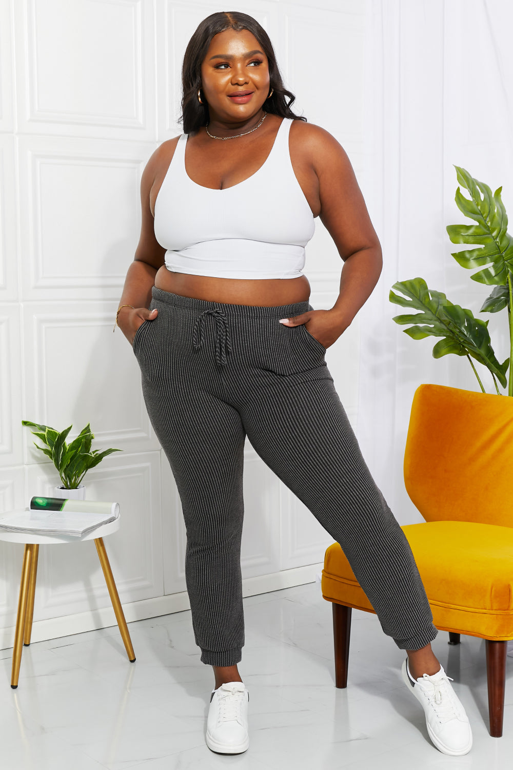 Cropped ribbed joggers full outfit view on model