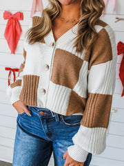 Color Block Knit Button-Up Cardigan Caramel - Fashorio