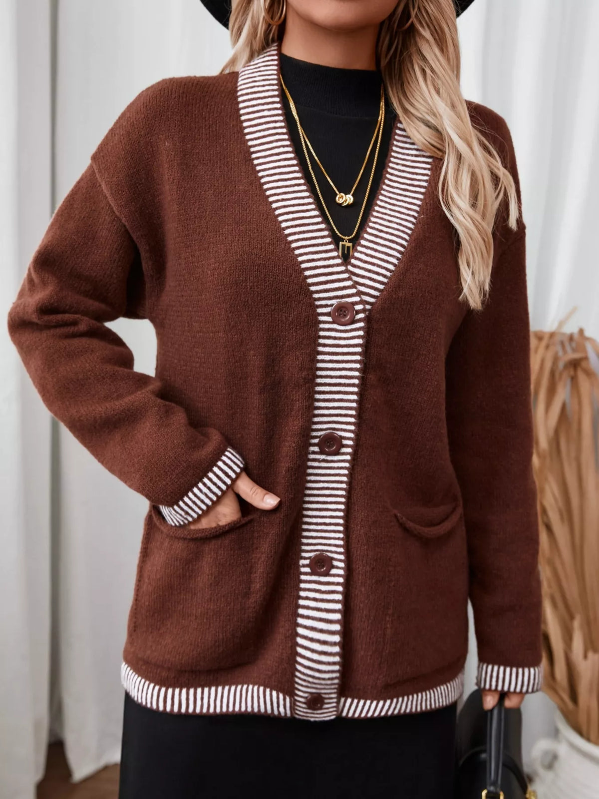 brown striped trim button front knit cardigan front view