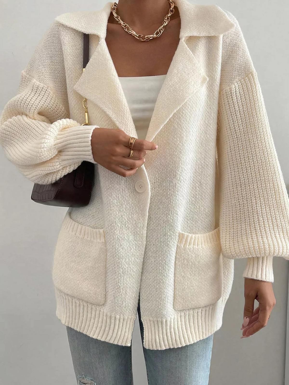 Lapel Collar Single Button Cardigan in Ivory
