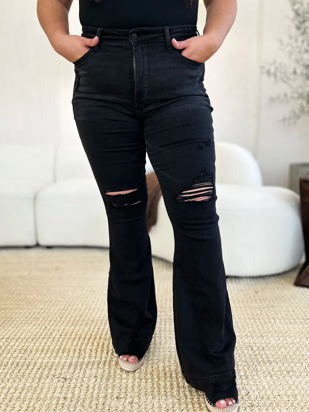 Judy Blue Full Size High Waist Distressed Flare Jeans - Fashorio