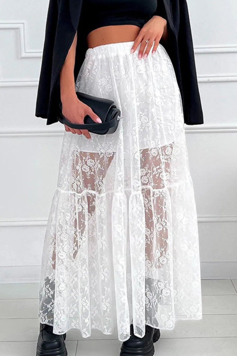 Side view of lace maxi skirt