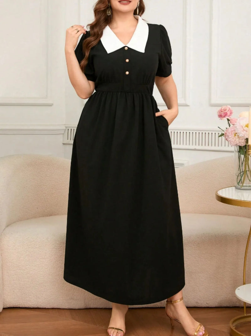 plus size contrast collar short sleeve dress front view